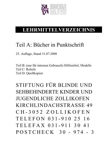 Teil A: Bücher in Punktschrift - Blindenschule Zollikofen