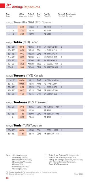 Flugplan/Timetable - Hamburg