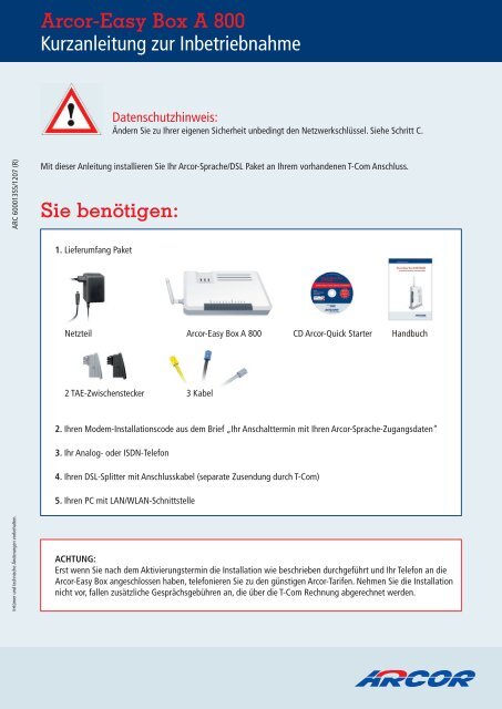 Arcor Easy Box A 800 Kurzanleitung Zur Inbetriebnahme Sie