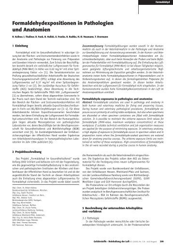 Formaldehydexpositionen In Pathologien Und Anatomien