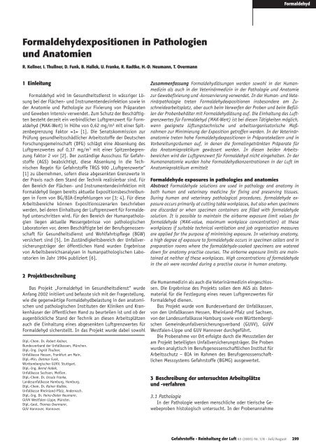 Formaldehydexpositionen In Pathologien Und Anatomien