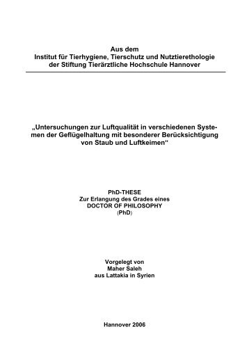 Aus dem Institut für Tierhygiene, Tierschutz und Nutztierethologie