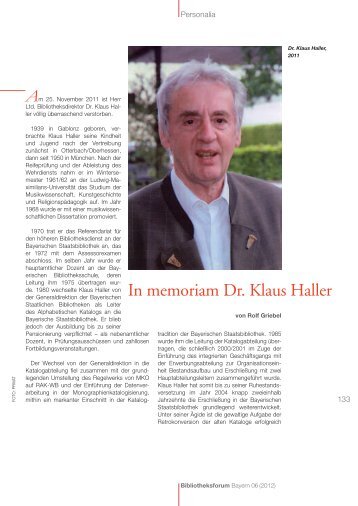 In memoriam Dr. Klaus Haller - Bibliotheksforum Bayern