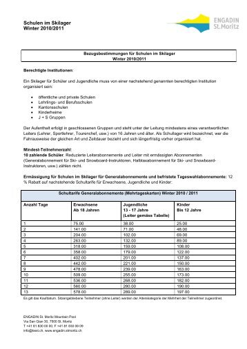 Formular Schulen im Skilager - Engadin St. Moritz