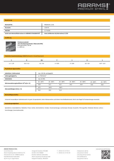 Bezeichnung Werkstoff-Nr. PREMIUM 1.2210 Kurzname 115CrV3 ...