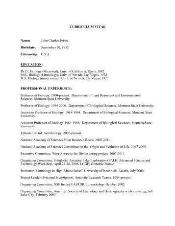 Priscu Curriculum Vitae - Department of Land Resources and ...