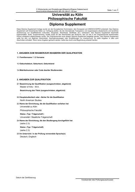 Universität zu Köln Philosophische Fakultät Diploma Supplement