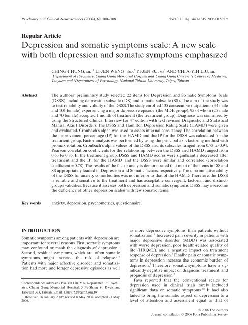 Depression and somatic symptoms scale: A new scale with both ...