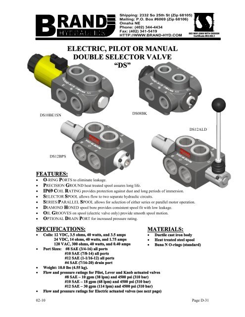 Electric Pilot Or Manual Double Selector Valve Ds Brand Hydraulics