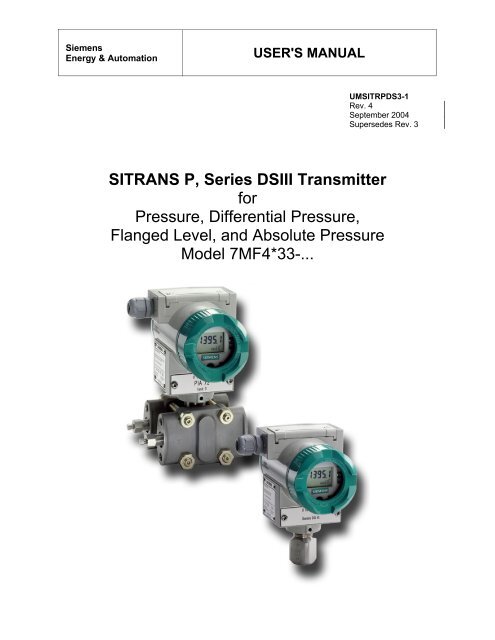 Siemens SITRANS P DS-III Transmitter User Manual - Lesman ...