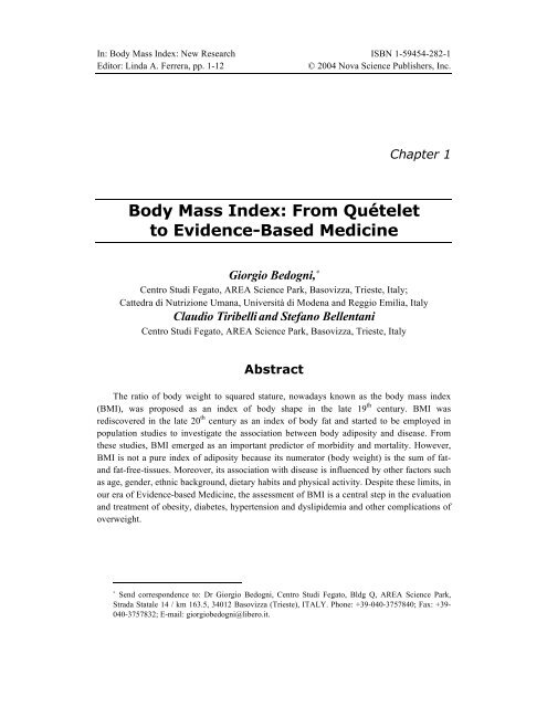 Body Mass Index: From Quételet to Evidence ... - Giorgio Bedogni