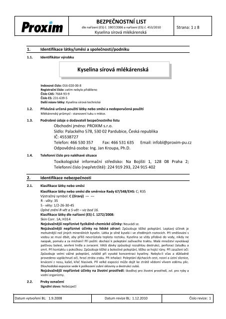 BEZPEČNOSTNÍ LIST Kyselina sírová mlékárenská - Proxim s.r.o.