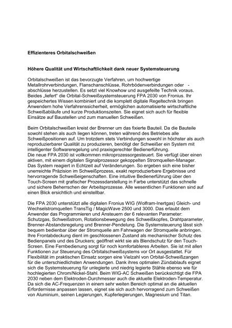 Effizienteres Orbitalschweißen - EPA - Schweisstechnik GmbH