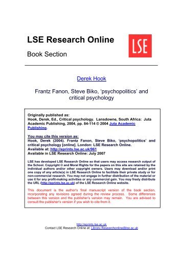 Frantz Fanon, Steve Biko, 'psychopolitics' - LSE Research Online