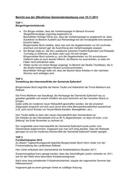 Bericht Aus Der Offentlichen Gemeinderatssitzung Vom Epfendorf