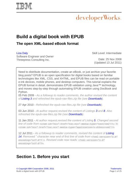 Build a digital book with EPUB The open - IBM