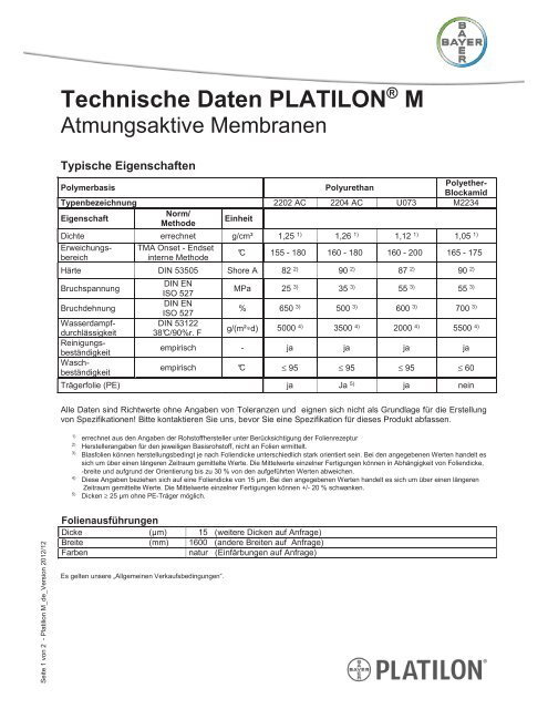 Technische Daten PLATILON M - Epurex Films GmbH
