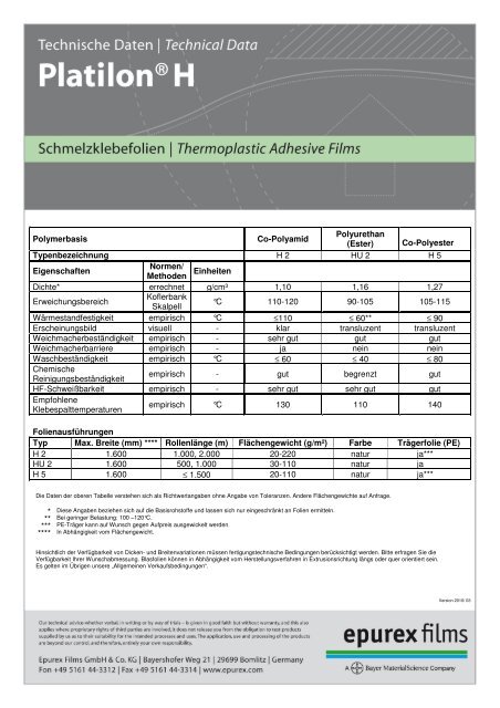 Co-Polyester Typenbezeichnung H 2 HU 2 H 5 Eigenschaften ...