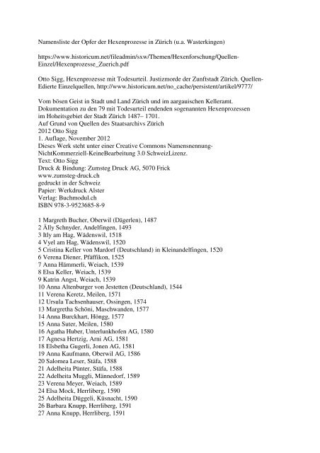 Namensliste der Opfer der Hexenprozesse in Zürich - Anton Praetorius