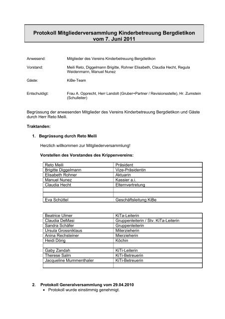 Protokoll Mitgliederversammlung Kinderbetreuung Bergdietikon ...