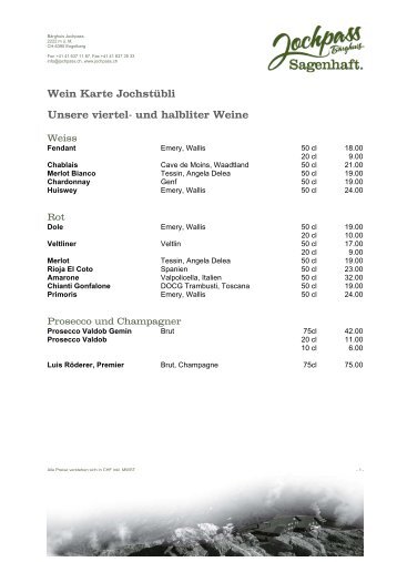 Wein Karte Jochstübli Unsere viertel- und halbliter Weine - Jochpass