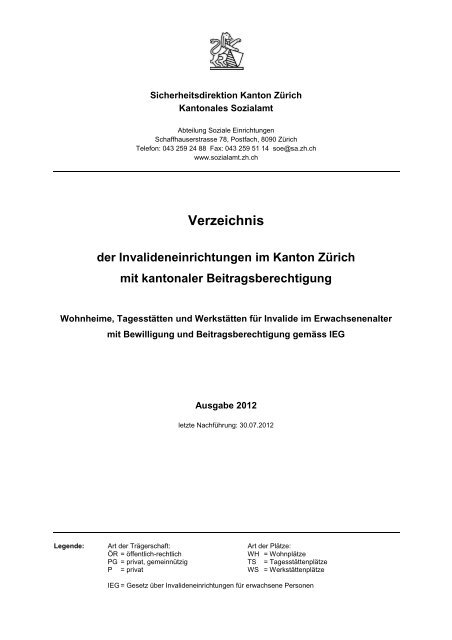 Verzeichnis der Invalideneinrichtungen im Kanton Zürich mit ...