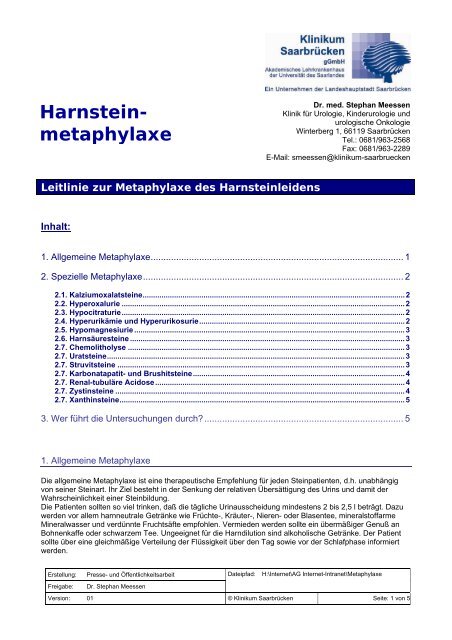 Harnstein- metaphylaxe - Klinikum Saarbrücken