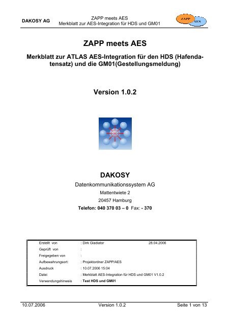 Merkblatt zur ATLAS AES-Integration für den HDS - DAKOSY ...