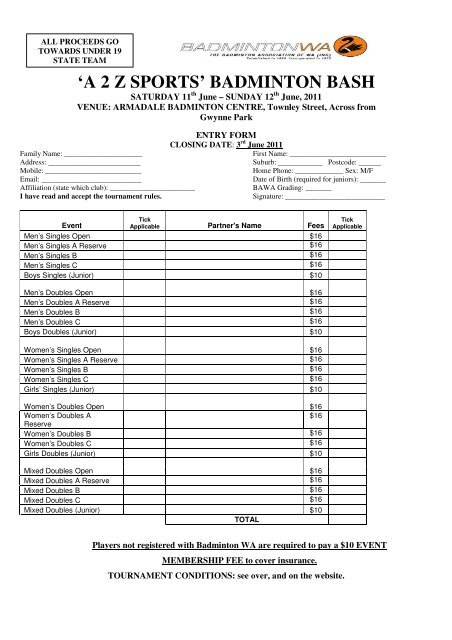 Entry Form A 2 Z Sport Badminton Badminton Wa