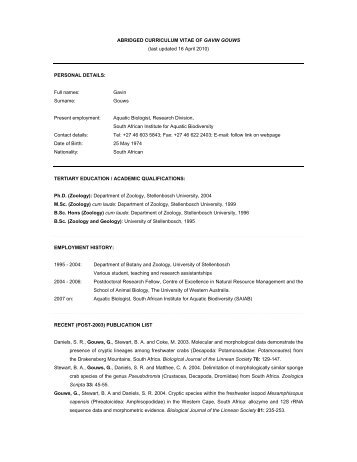 Abridged Curriculum Vitae - The South African Institute for Aquatic ...