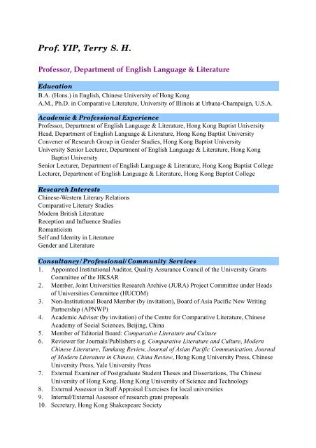 Prof Yip Terry S H Faculty Of Arts Hong Kong Baptist University