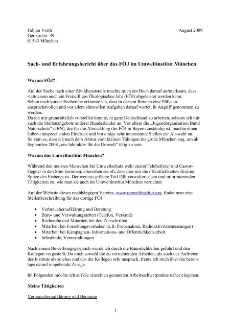 FÖJ Bericht Fabian Voit - Umweltinstitut München e.V.