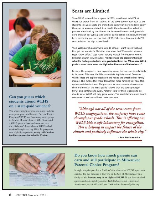 Wisconsin Lutheran High School Contact Magazine November 2011