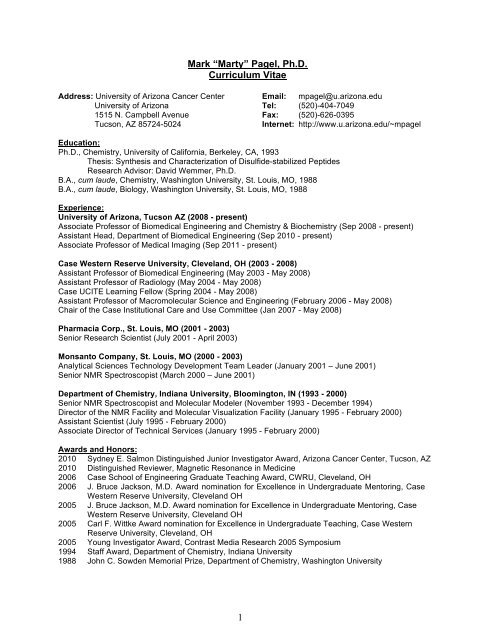 1 Mark Marty Pagel Ph D Curriculum Vitae Arizona Cancer 1 Mark Marty Pagel Ph D Curriculum Vitae Arizona Cancer
