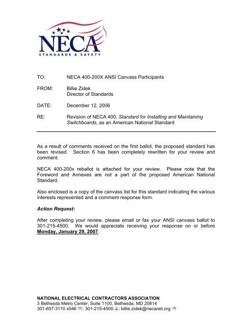 TO: NECA 400-200X ANSI Canvass Participants FROM: Billie Zidek ...