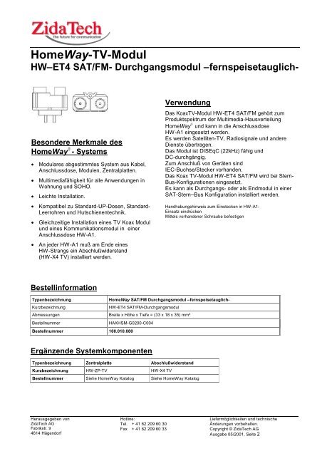 HomeWay- TV-Modul HW–ET4 SAT/FM ... - ZidaTech AG