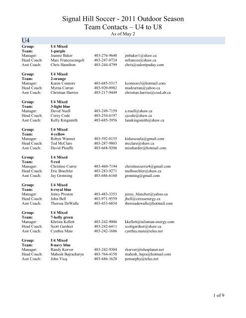 shsa team contacts - outdoor 2011 - u4 to u8 - Signal Hill Soccer ...