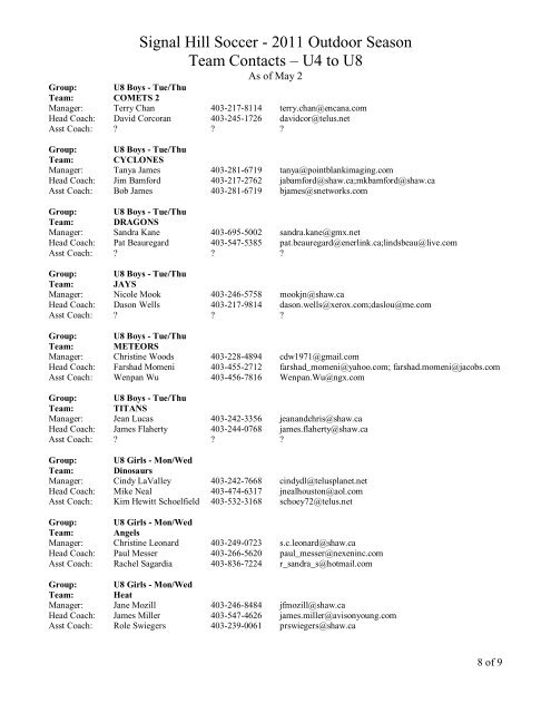 shsa team contacts - outdoor 2011 - u4 to u8 - Signal Hill Soccer ...