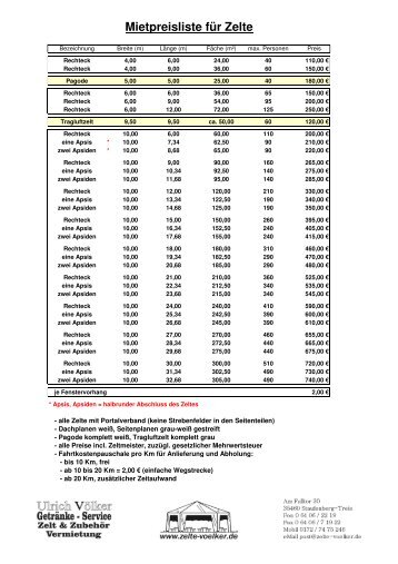 Mietpreisliste für Zelt