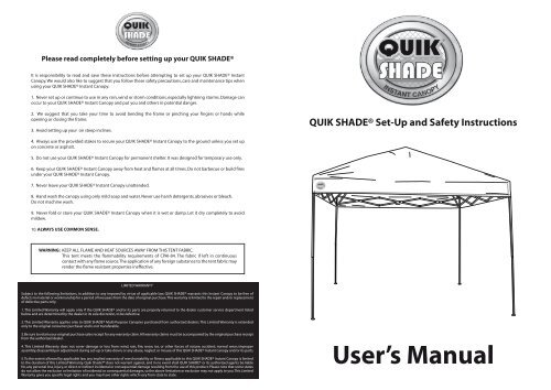 Quik Shade Instant Canopy Instructions