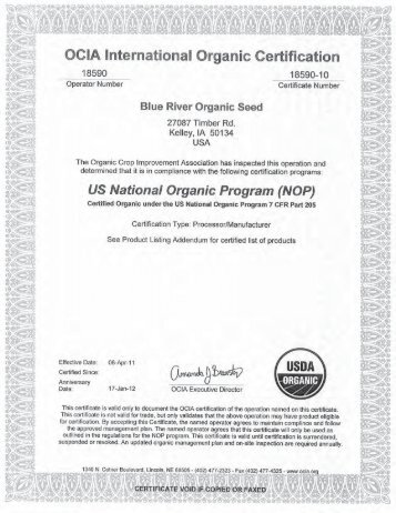 OCIA Cerificate and Addendum - Blue River Hybrids Organic Seed