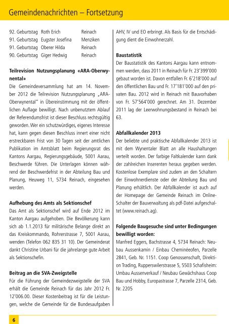Das informative Monatsmagazin für Reinach 01 / 2013