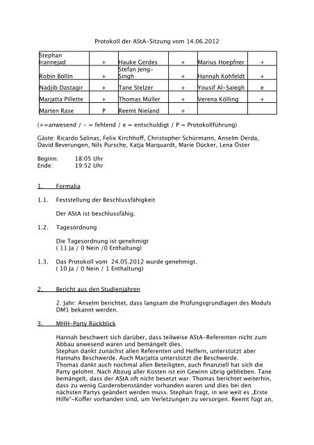 Protokoll AStA-Sitzung 14.06.2012 - AStA der MHH