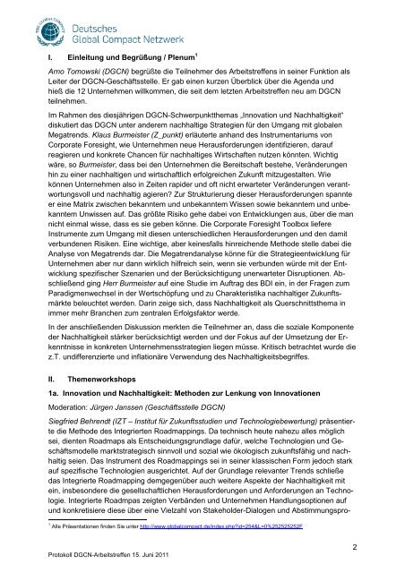 Protokoll zum Arbeitstreffen vom 15. Juni 2011 - Deutsches Global ...