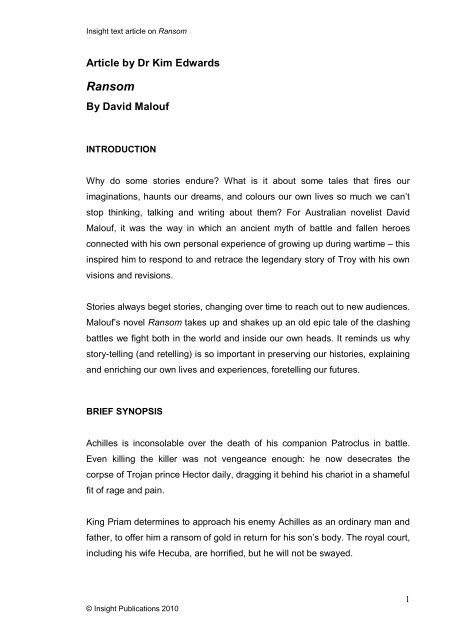 David Malouf S Ransom Year12vce English