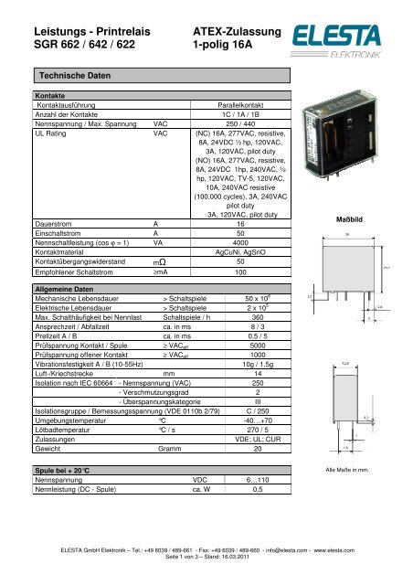 Leistungs - Printrelais ATEX-Zulassung SGR 662 ... - Elesta GmbH