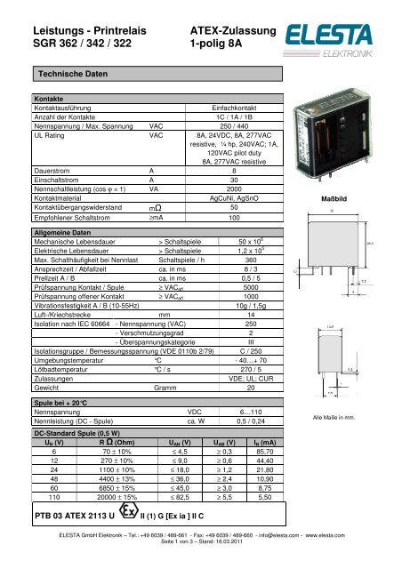 Leistungs - Printrelais ATEX-Zulassung SGR 362 ... - Elesta GmbH
