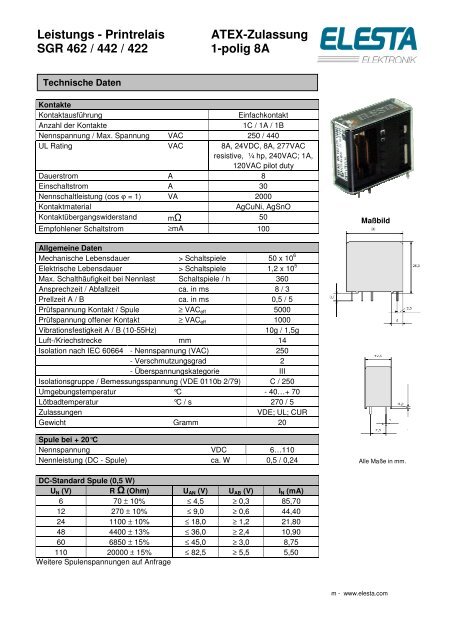 Leistungs - Printrelais ATEX-Zulassung SGR 462 ...  - Elesta GmbH