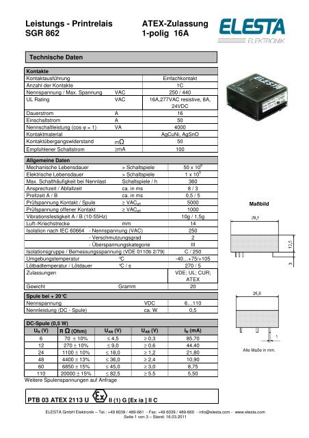 Leistungs - Printrelais ATEX-Zulassung SGR 862 1 ... - Elesta GmbH