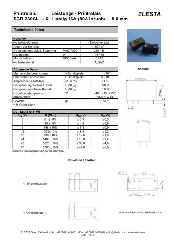 Printrelais SGR 230GL ... 6 1 polig 16A (80A inrush) - Elesta GmbH